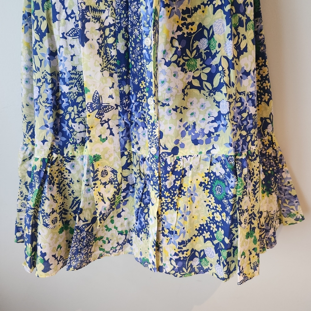 Floral Blue and Yellow Midi Dress with Tie Waist - Picture 3 of 10